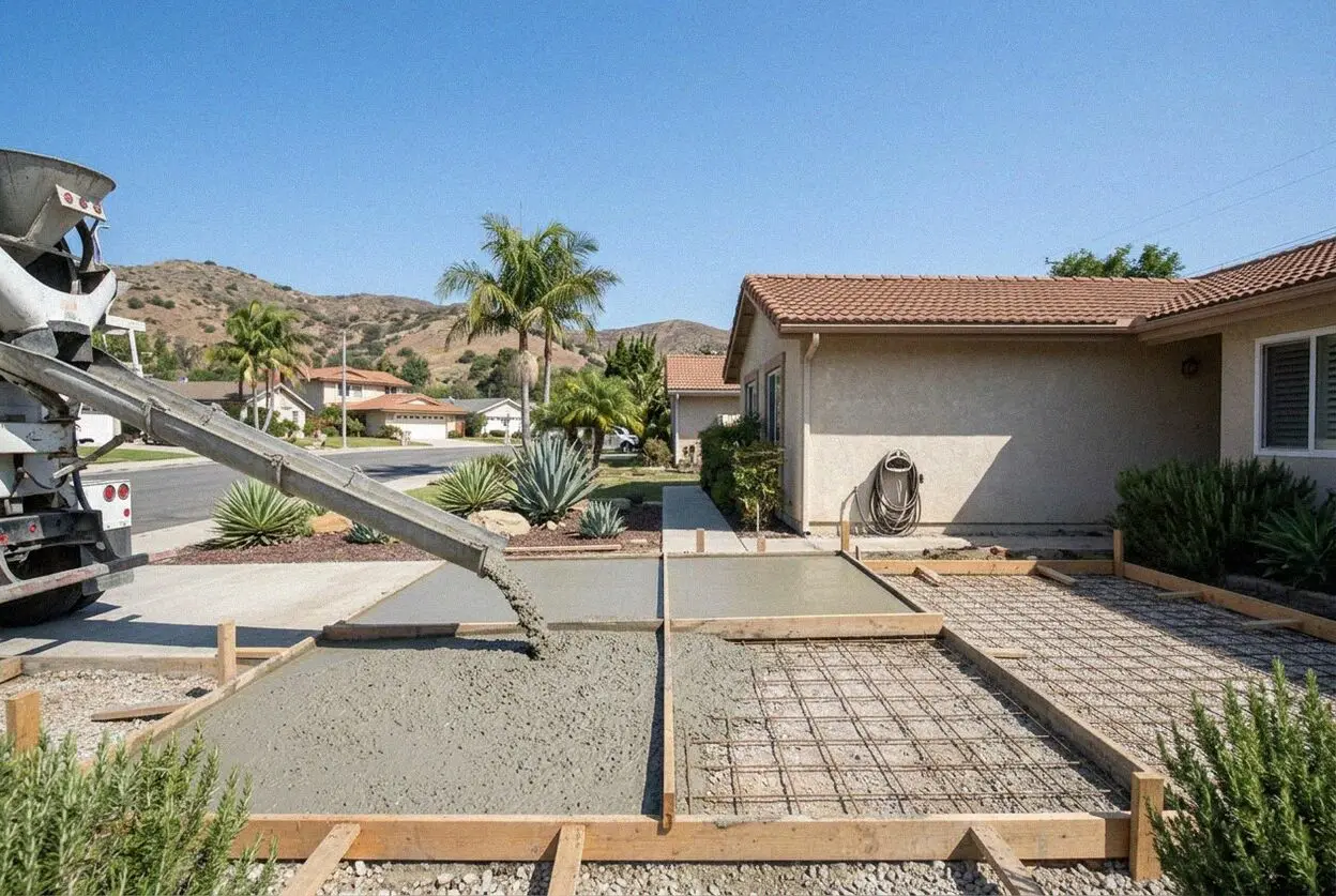 A driveway being poured on a sloping Brea street above Lambert Road