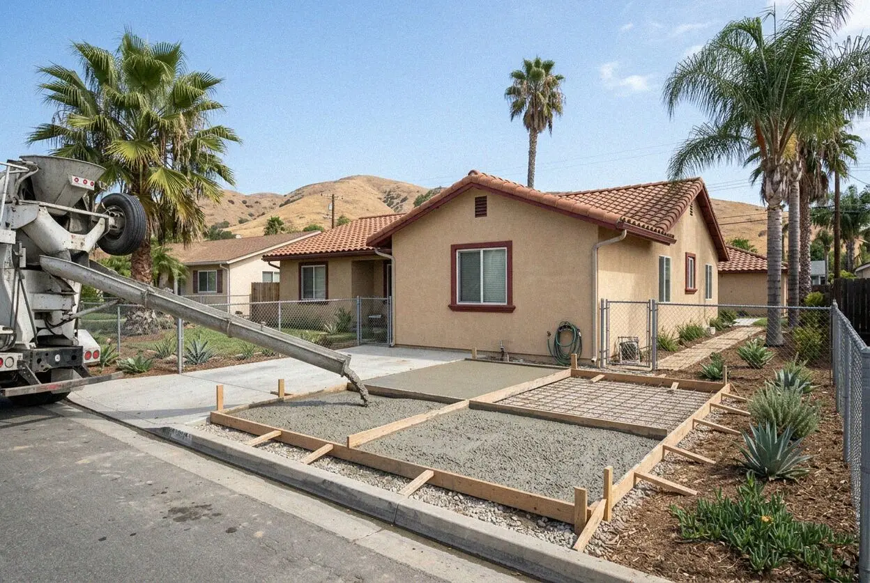 A patio slab barrowed through the side yard of a 1950s Buena Park house