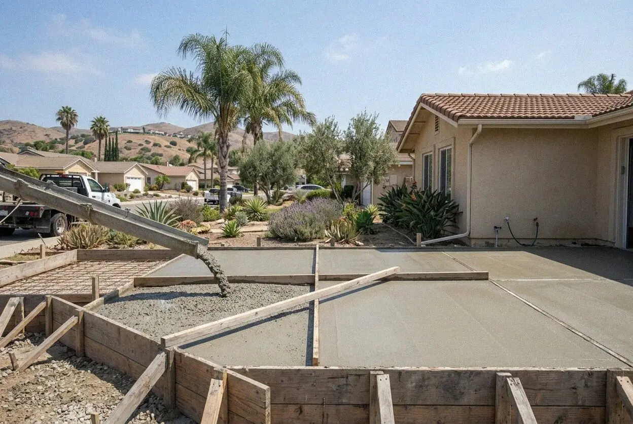 A patio pour on a graded pad above a slope on a Chino Hills tract street