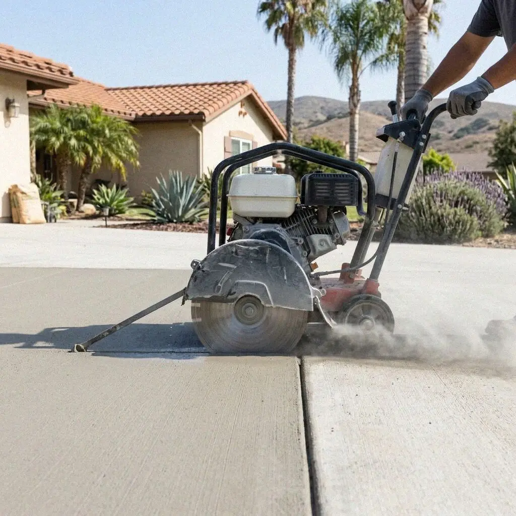 Hands guiding a wet saw along a chalk line on a house slab in Orange, CA