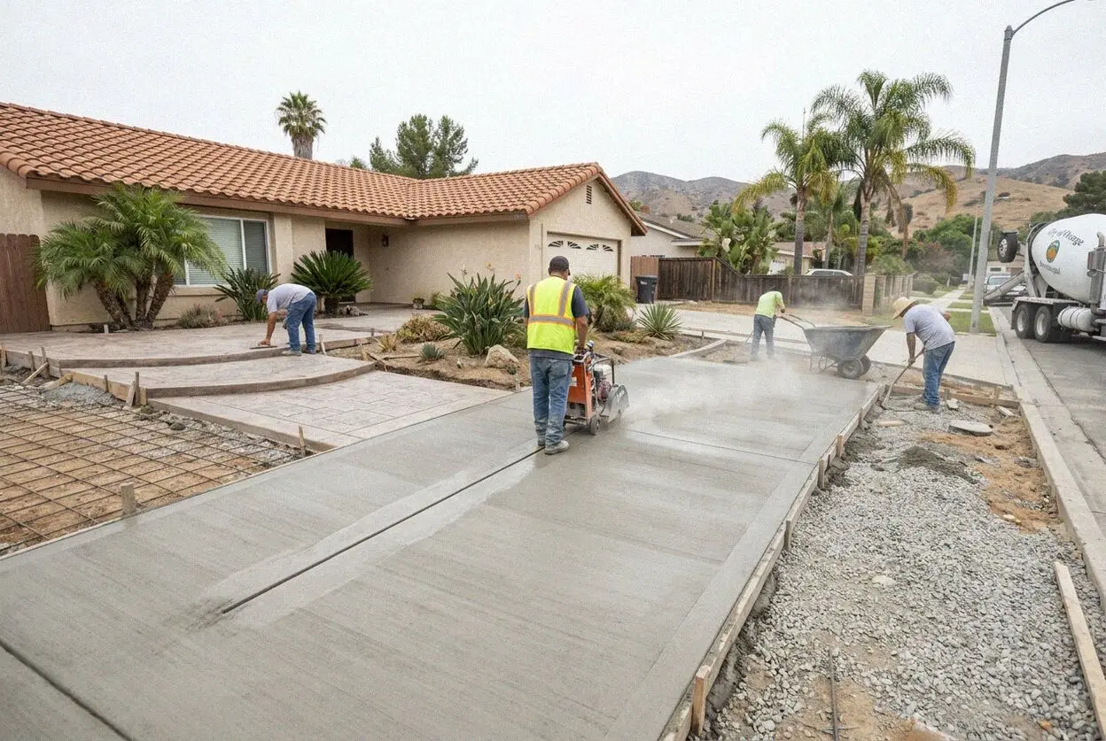 Walk-behind saw cutting a chalked line across a garage slab in Orange, CA