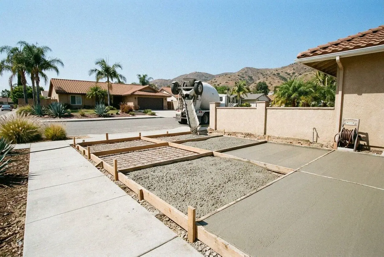 A driveway being replaced at a 1960s single story house in Cypress