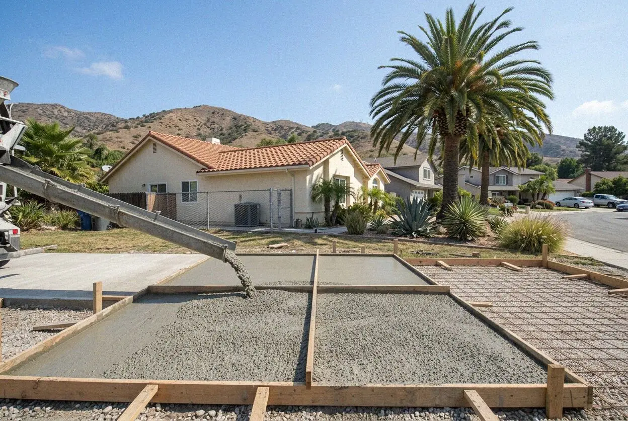 A crew pouring a patio on a hillside pad in Diamond Bar