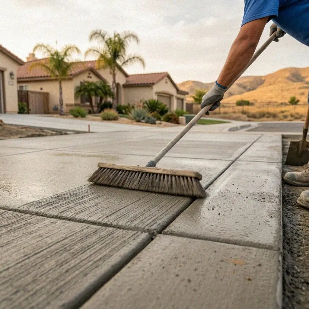 Crew tooling the formed edge of a new driveway slab in Orange, CA