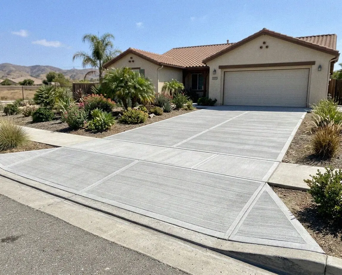 New concrete driveway running back to a garage in Orange, CA