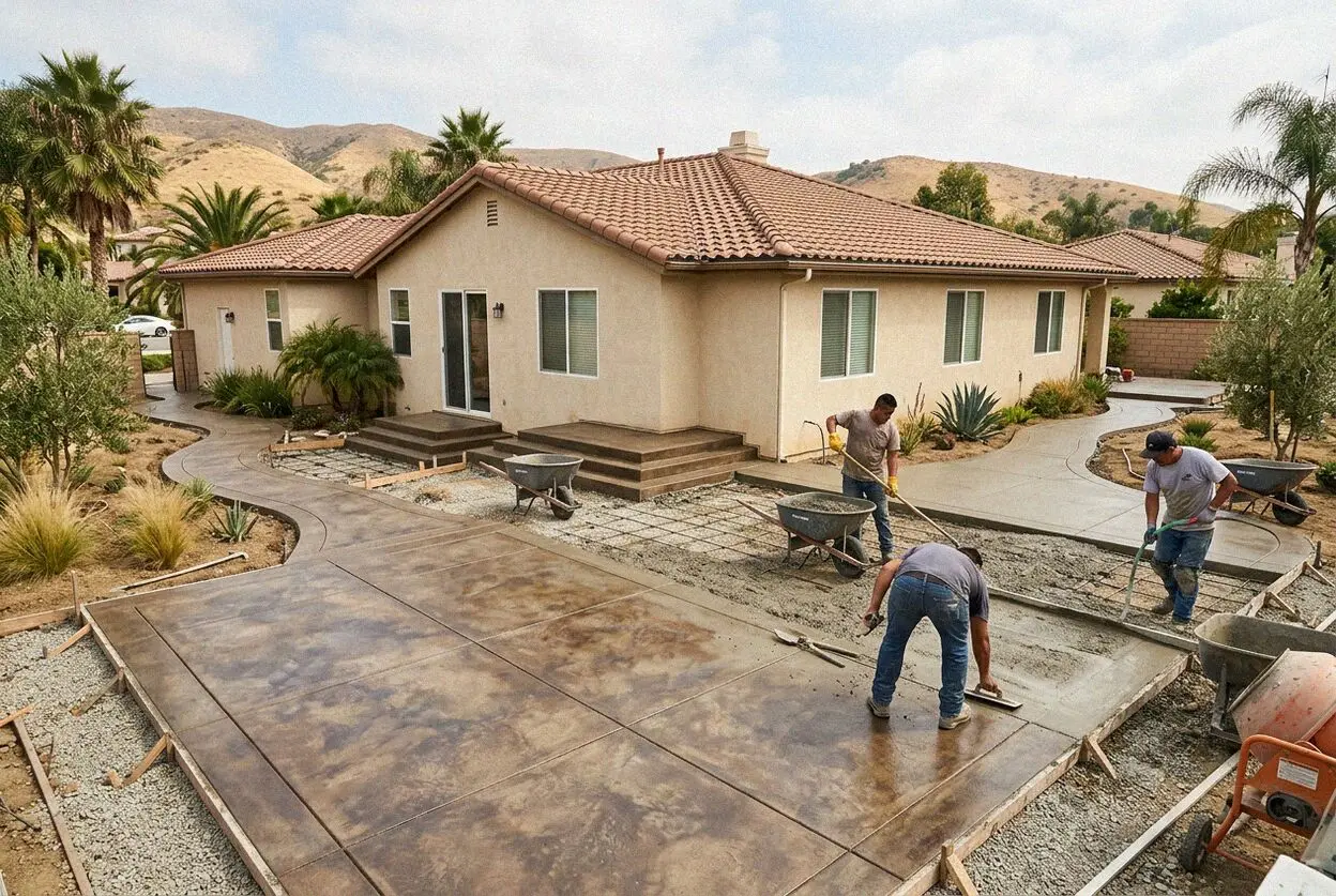 Crew screeding a new concrete floor inside a house in Orange, CA