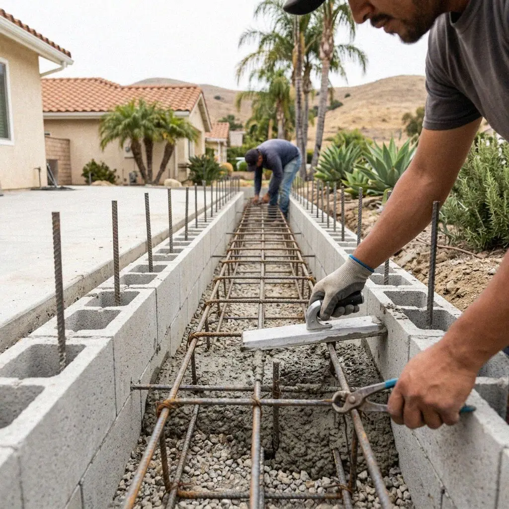 Hands setting a dowel into an old foundation for a new footing in Orange
