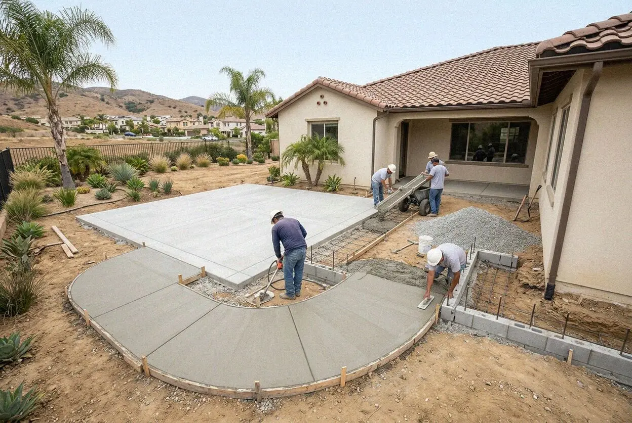 Crew tying a rebar cage in an open footing trench beside a home in Orange, CA