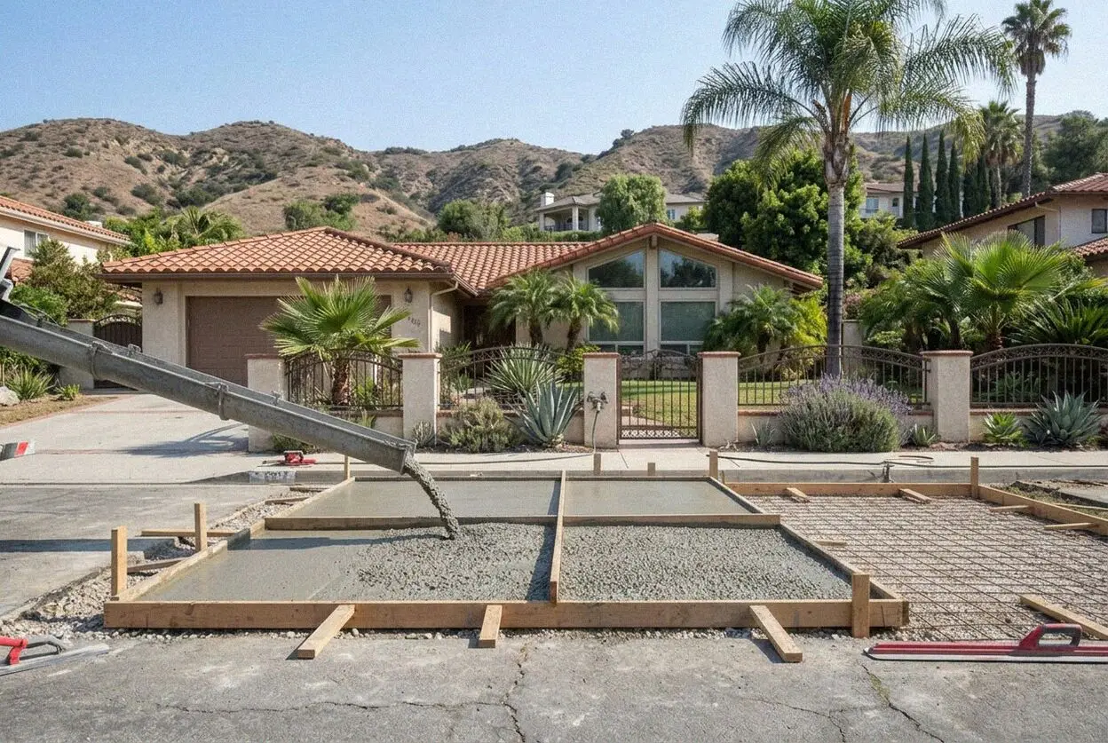 A concrete pad poured beside a barn on an acre lot in La Habra Heights