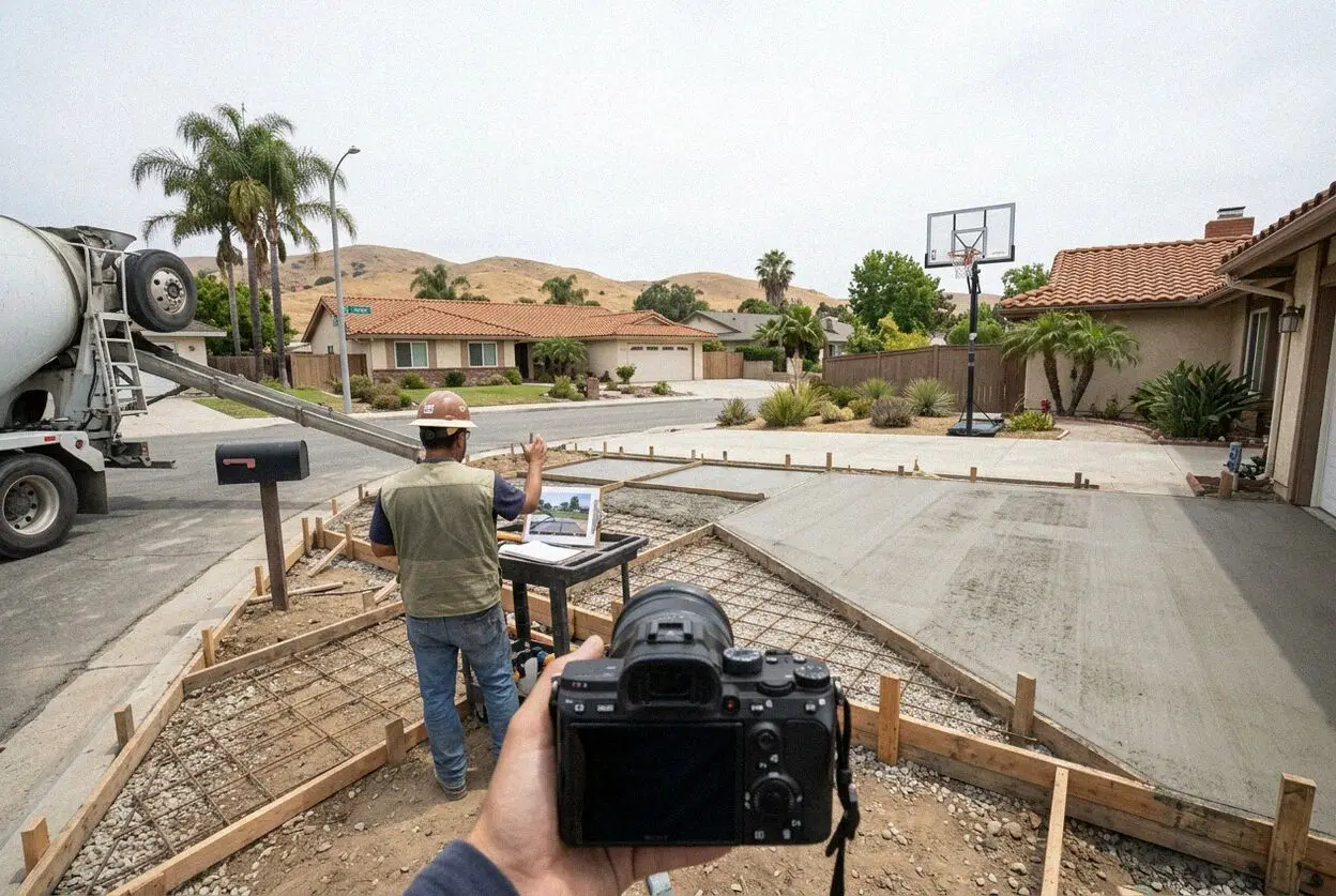 A driveway poured along a shared fence line in La Habra