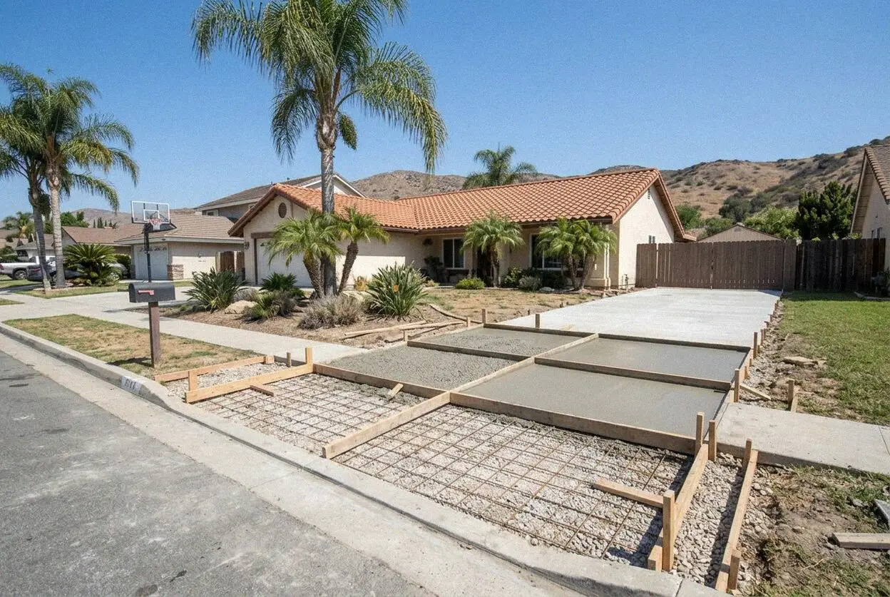 A new patio poured with a fall to a channel drain behind a La Palma house
