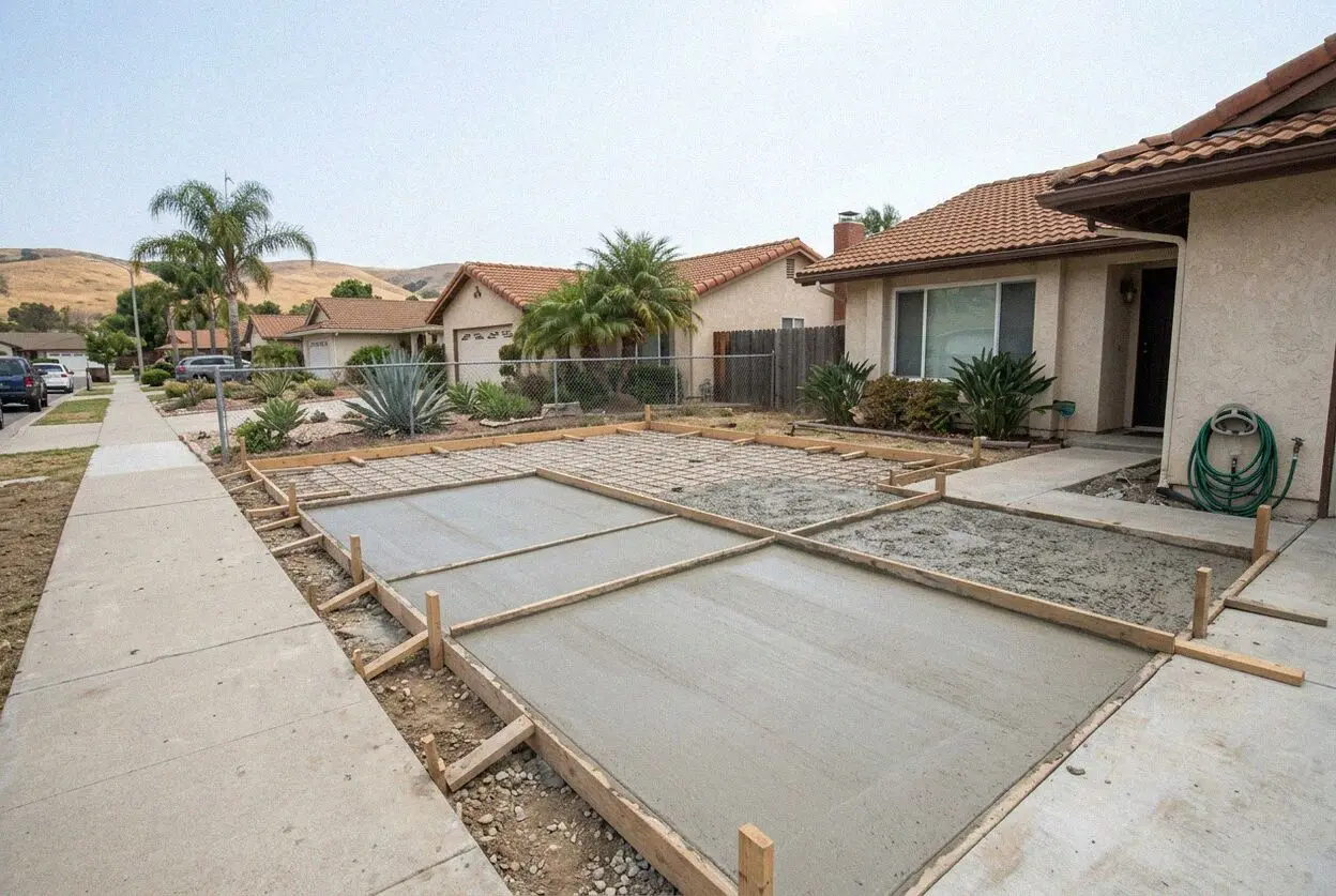 A crew pouring a step-free patio outside a one story Laguna Woods manor