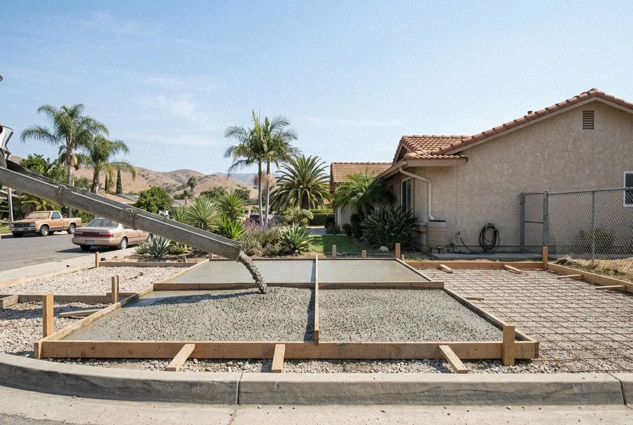 A new concrete driveway at a rebuilt house on a narrow Peninsula lot