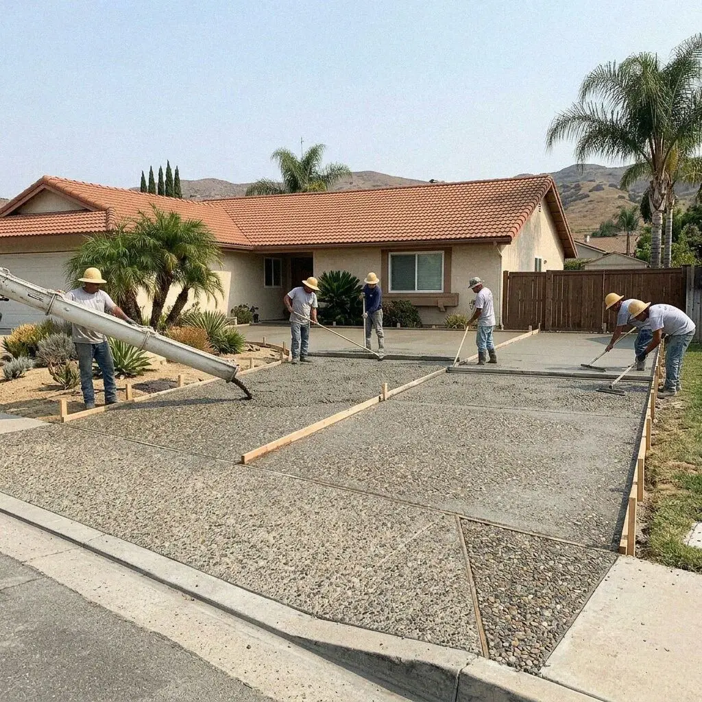 Crew troweling a newly poured slab at a house in Orange, CA