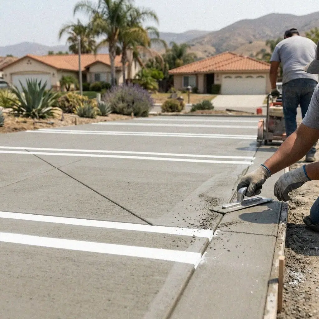 Hands cutting a joint into a fresh parking lot slab in Orange, CA