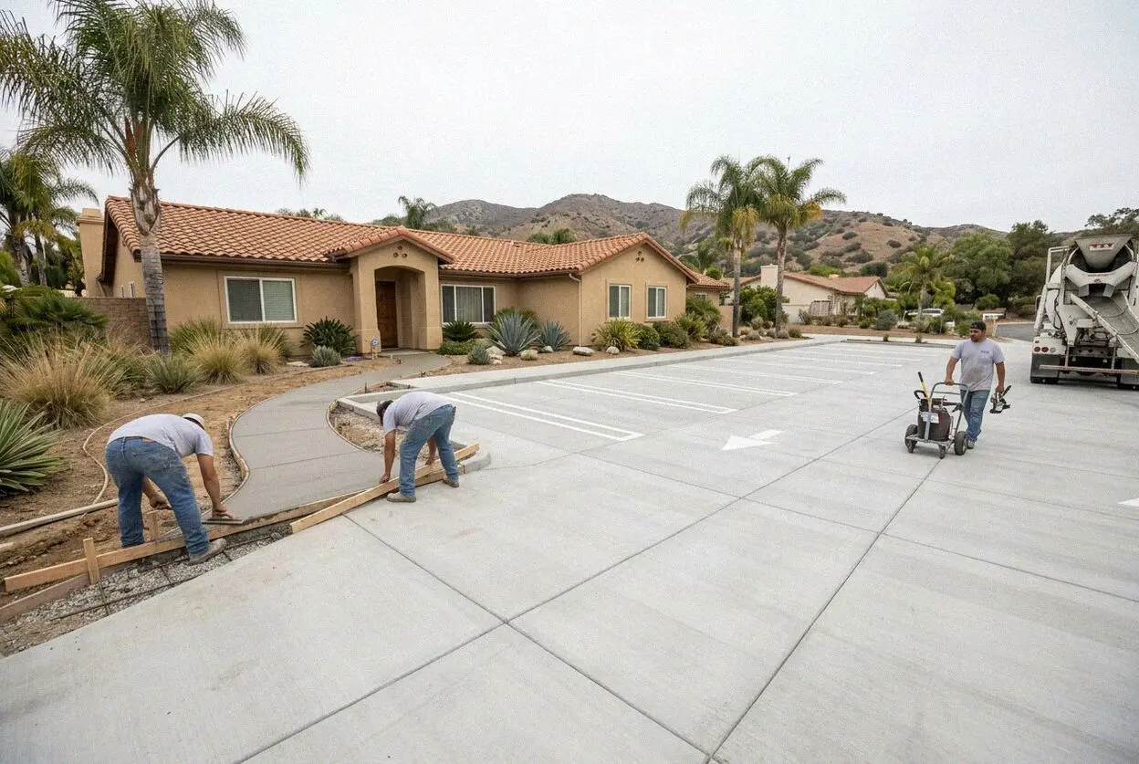 Crew screeding a concrete parking lot pour at a shop frontage in Orange, CA