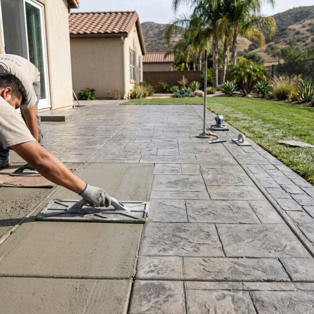 Concrete crew finishing a back garden slab at a home in Orange, CA