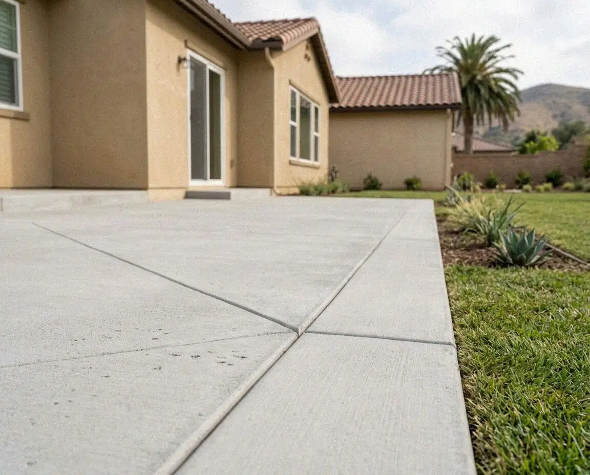 Broom-textured patio slab in the back garden of an Orange, CA home