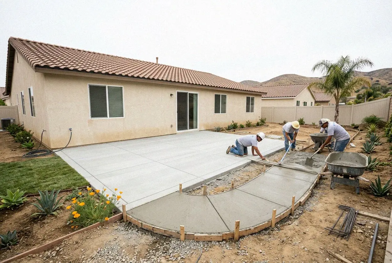 New concrete patio slab poured behind a mid-century house in Orange, CA