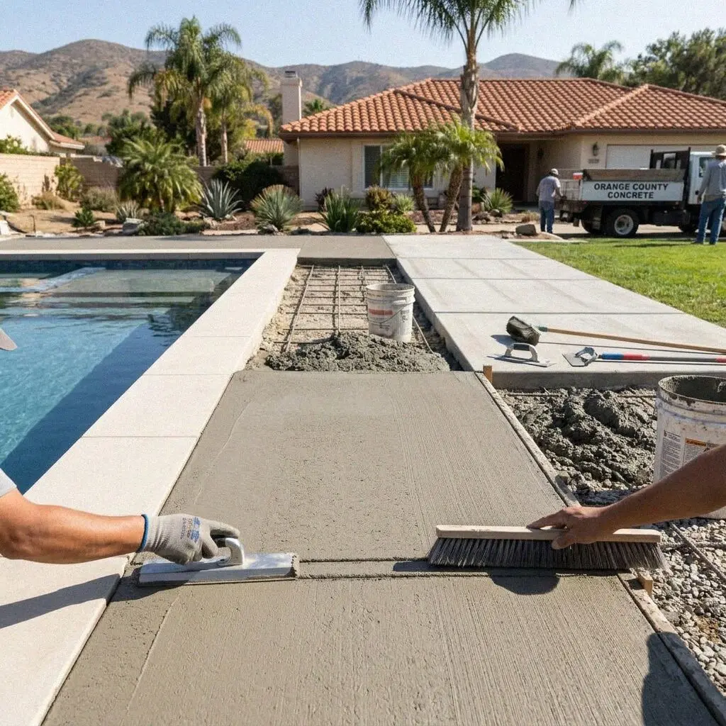 Hands sealing the joint between coping and a new pool deck in Orange