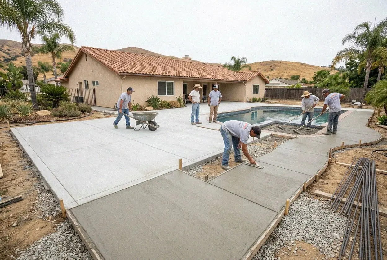 Crew screeding a new concrete pool deck around a backyard pool in Orange, CA