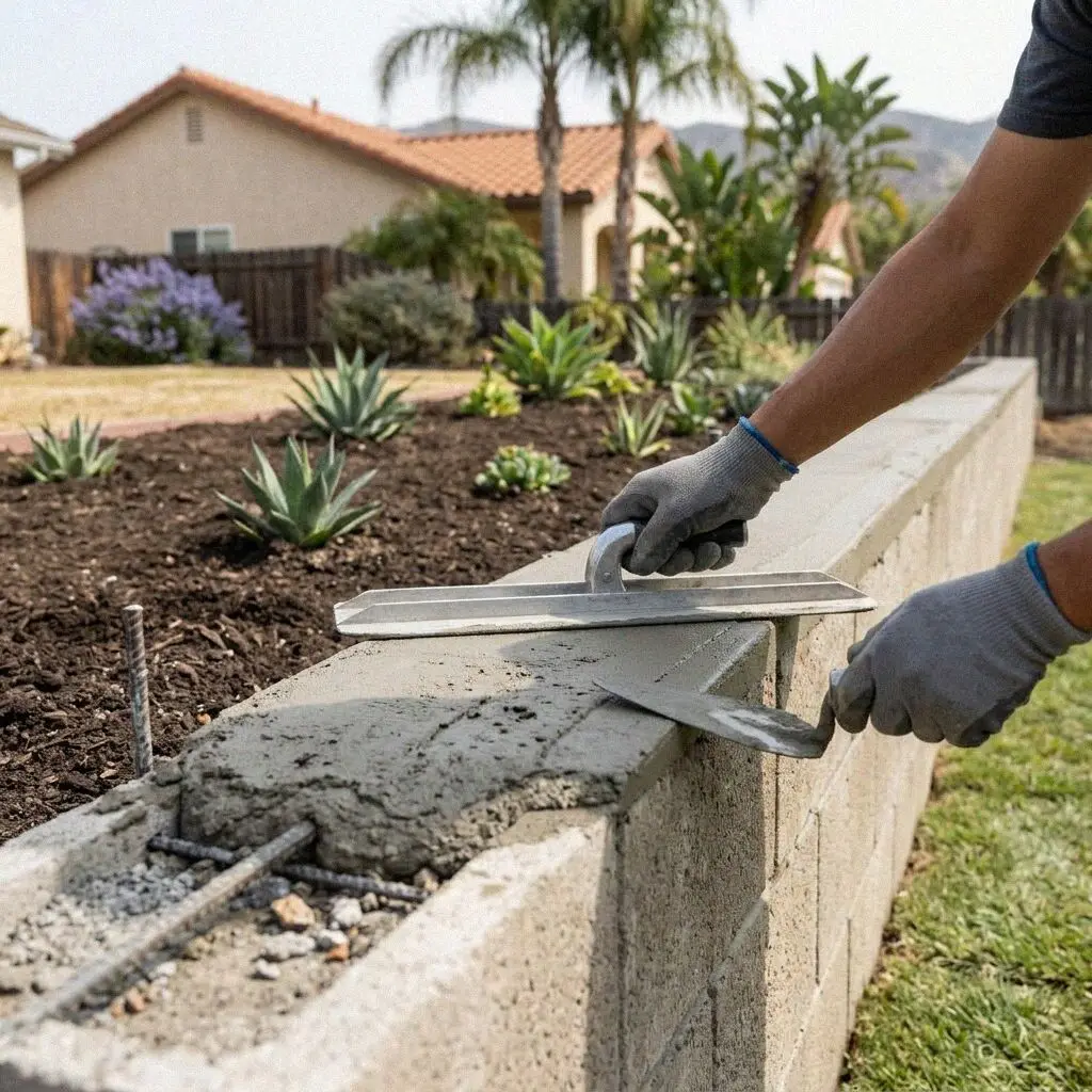Hands tying rebar inside a retaining wall form on a sloping Orange lot