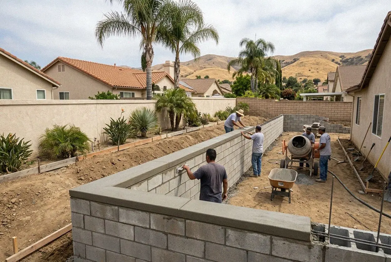 Crew setting rebar in a retaining wall footing at a home in Orange, CA