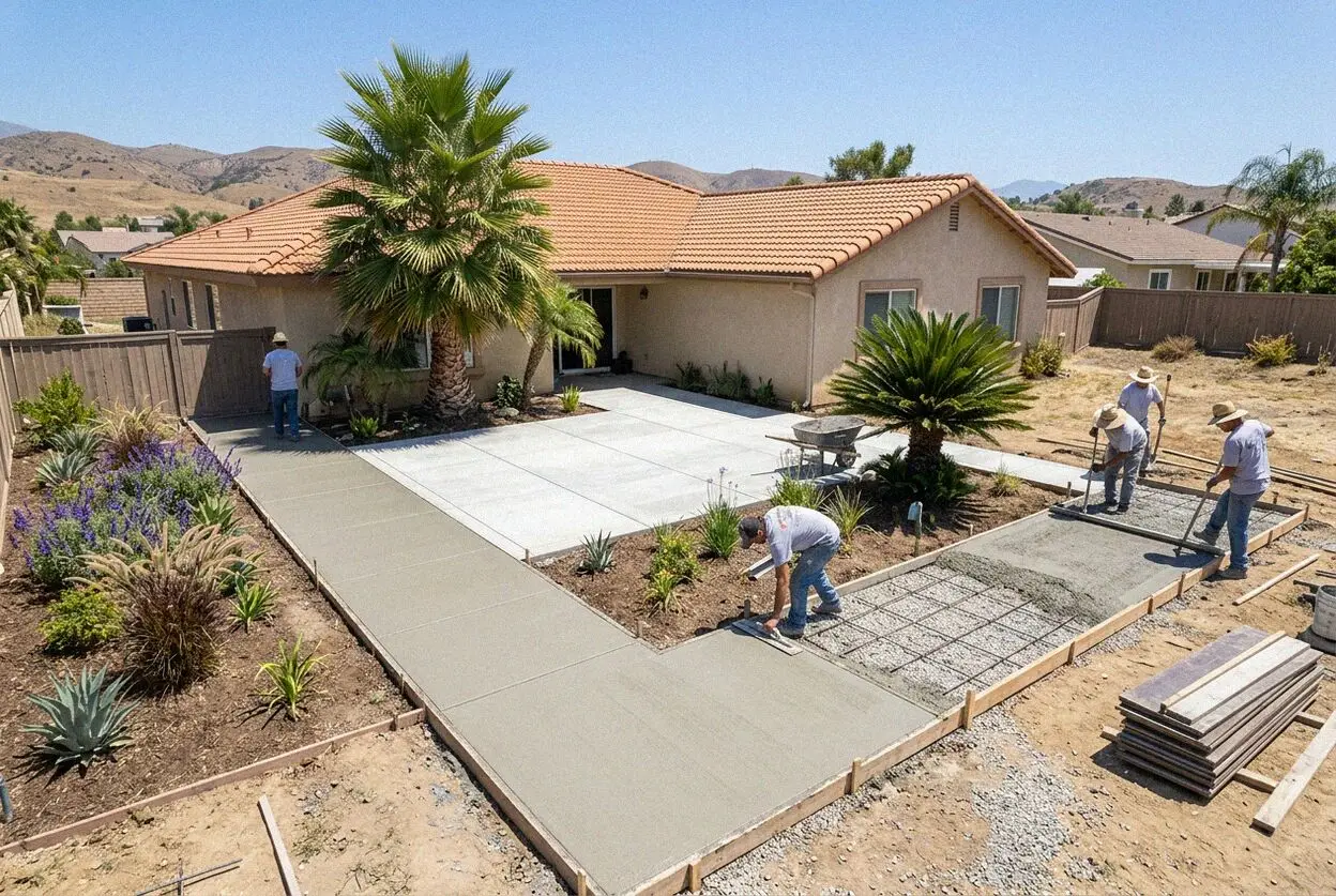 Crew pouring a new front walk panel in the parkway in Orange, CA