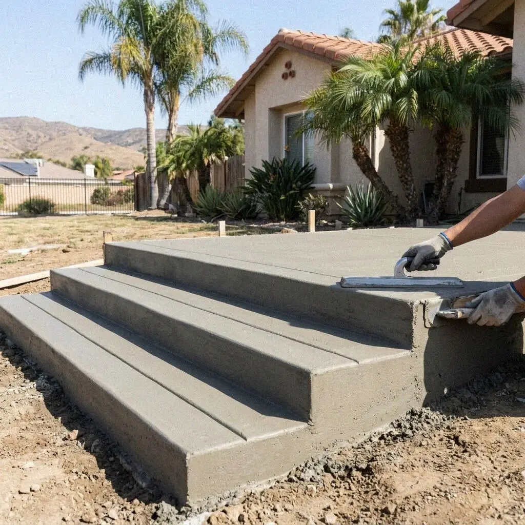 Hands tooling the nosing of a fresh concrete step in Orange