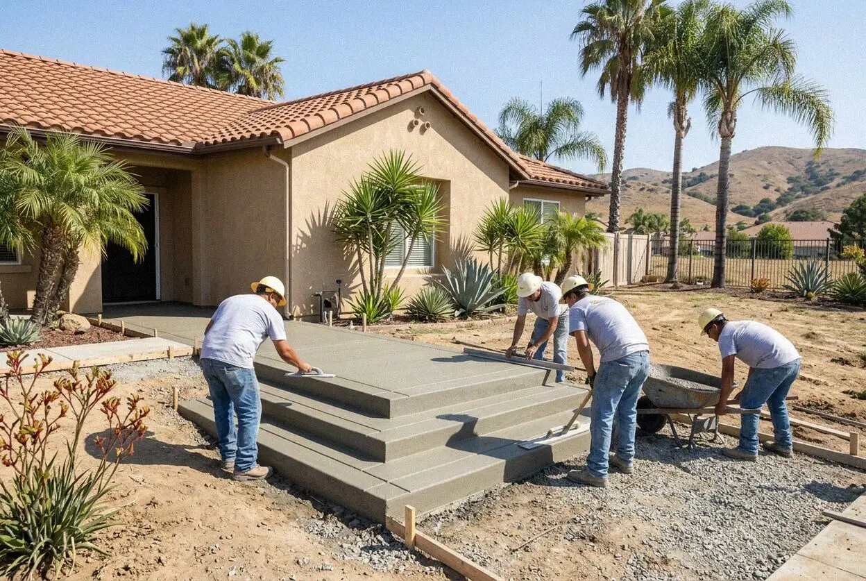 Crew stripping the forms off freshly poured front steps at a home in Orange