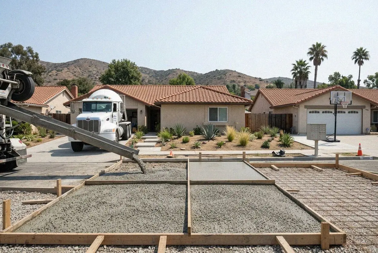 A new driveway being formed at a 1960s ranch house in Tustin