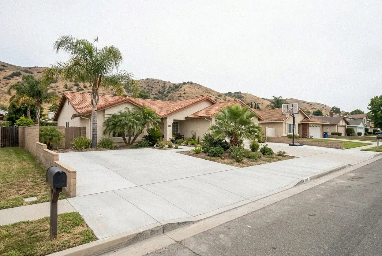 A wide driveway apron meeting a street with no sidewalk in Villa Park