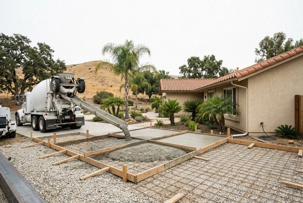 A new patio formed at the top of a graded slope in Yorba Linda