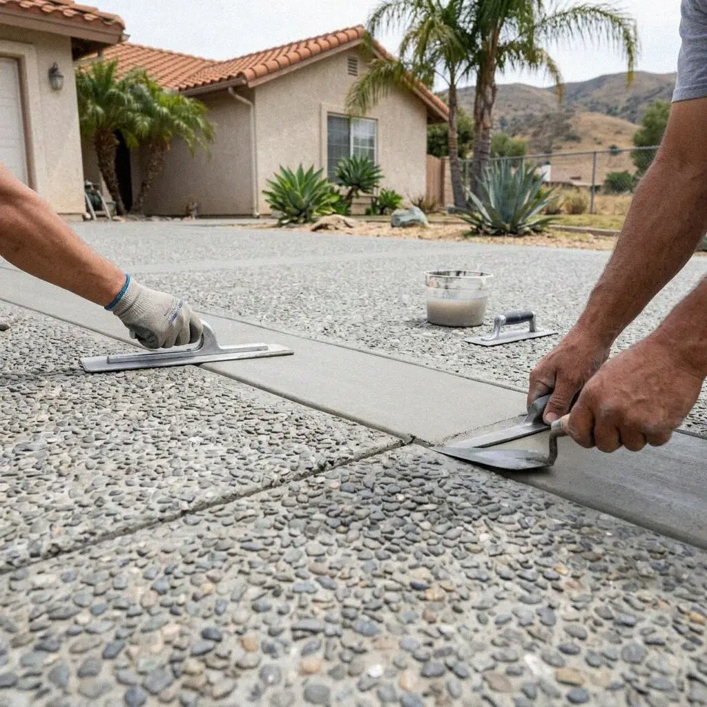 Hands hosing cement paste off river stone on a fresh slab in Orange