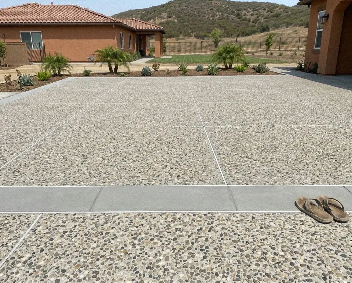 Finished exposed aggregate walk with a smooth banded border in Orange