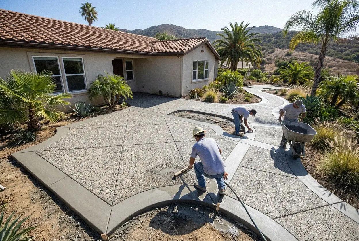 Crew washing stone proud of a fresh exposed aggregate slab at a home in Orange