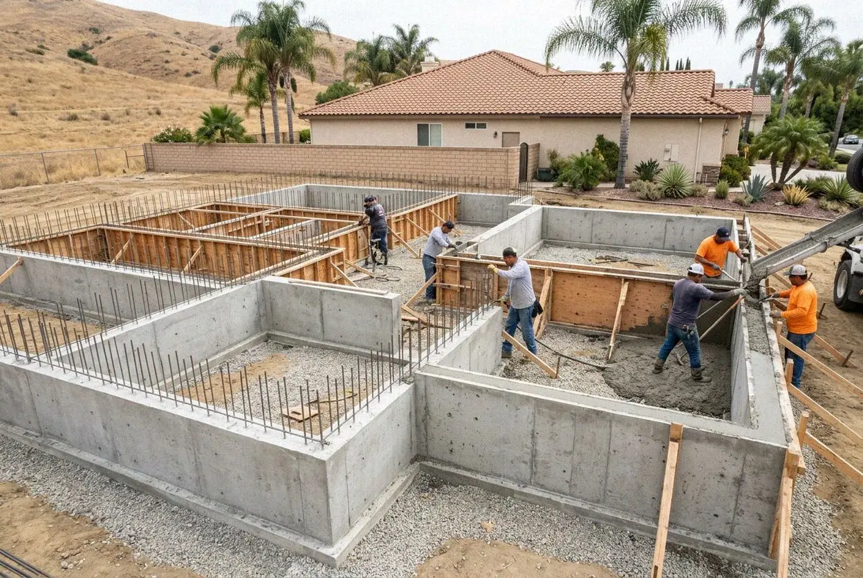 Crew pouring stem walls for a raised-floor foundation at a house in Orange, CA