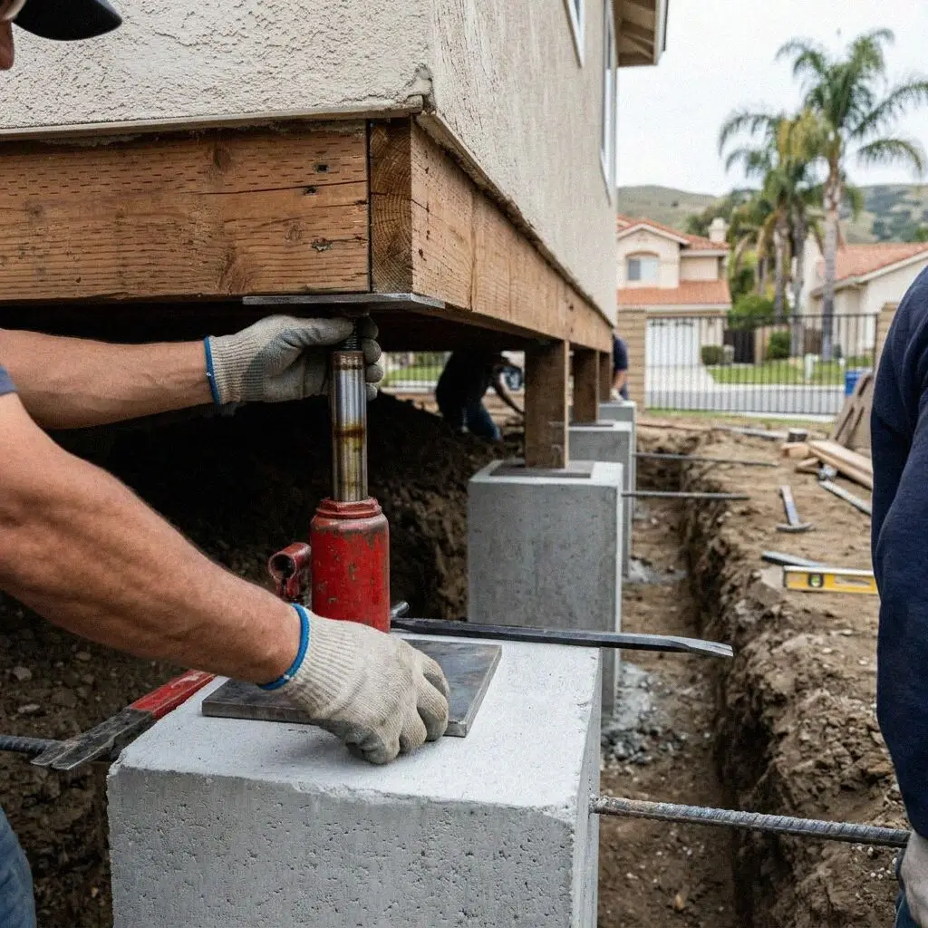 Hands fitting a post base onto a new concrete pier under an Orange house