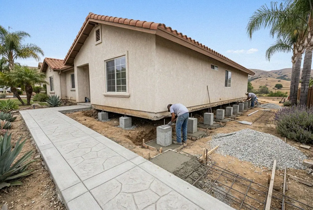 Crew setting screw jacks under the floor girders of an Orange, CA bungalow