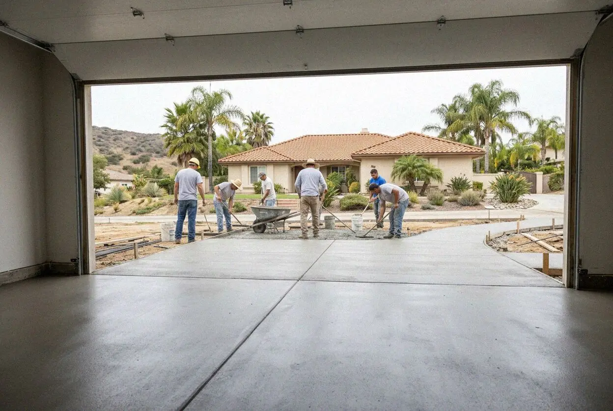 Concrete garage floor being poured inside a bay in Orange, CA