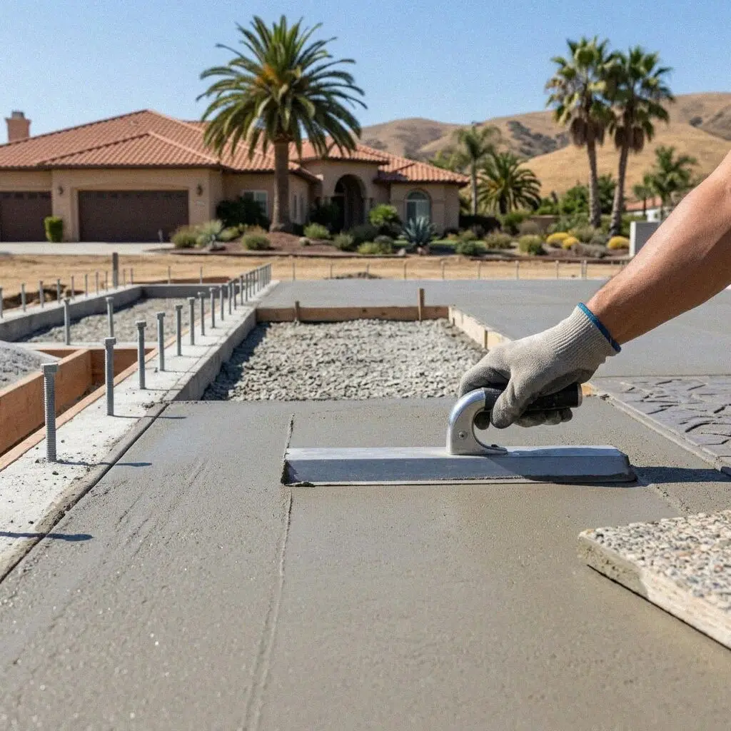 Hands tying rebar at the thickened edge of a slab foundation in Orange
