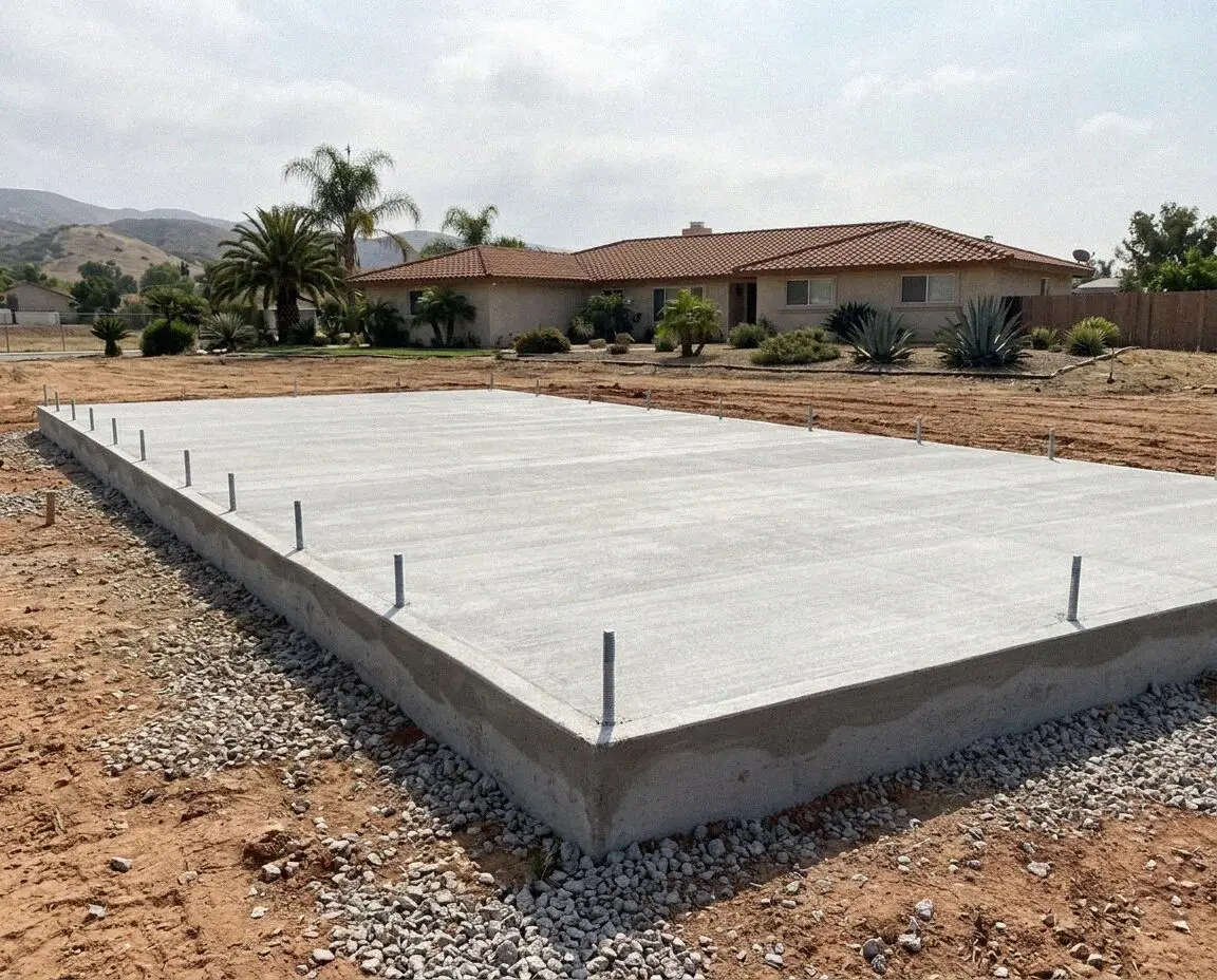 Finished slab foundation with anchor bolts standing at a home in Orange