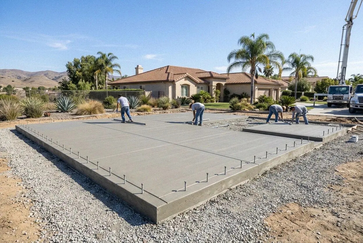 Crew setting steel in a slab foundation trench behind a house in Orange, CA