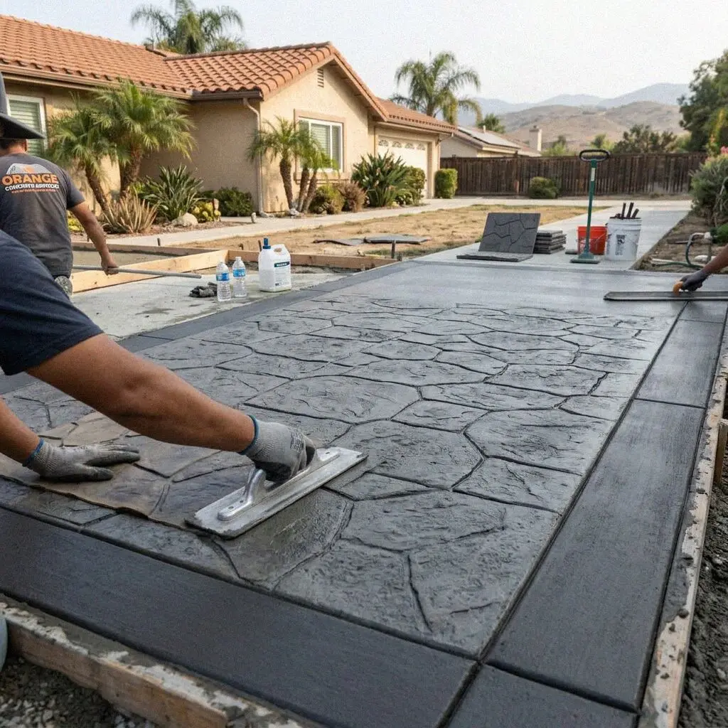 Hands lifting a stamp mat off fresh textured concrete at an Orange home