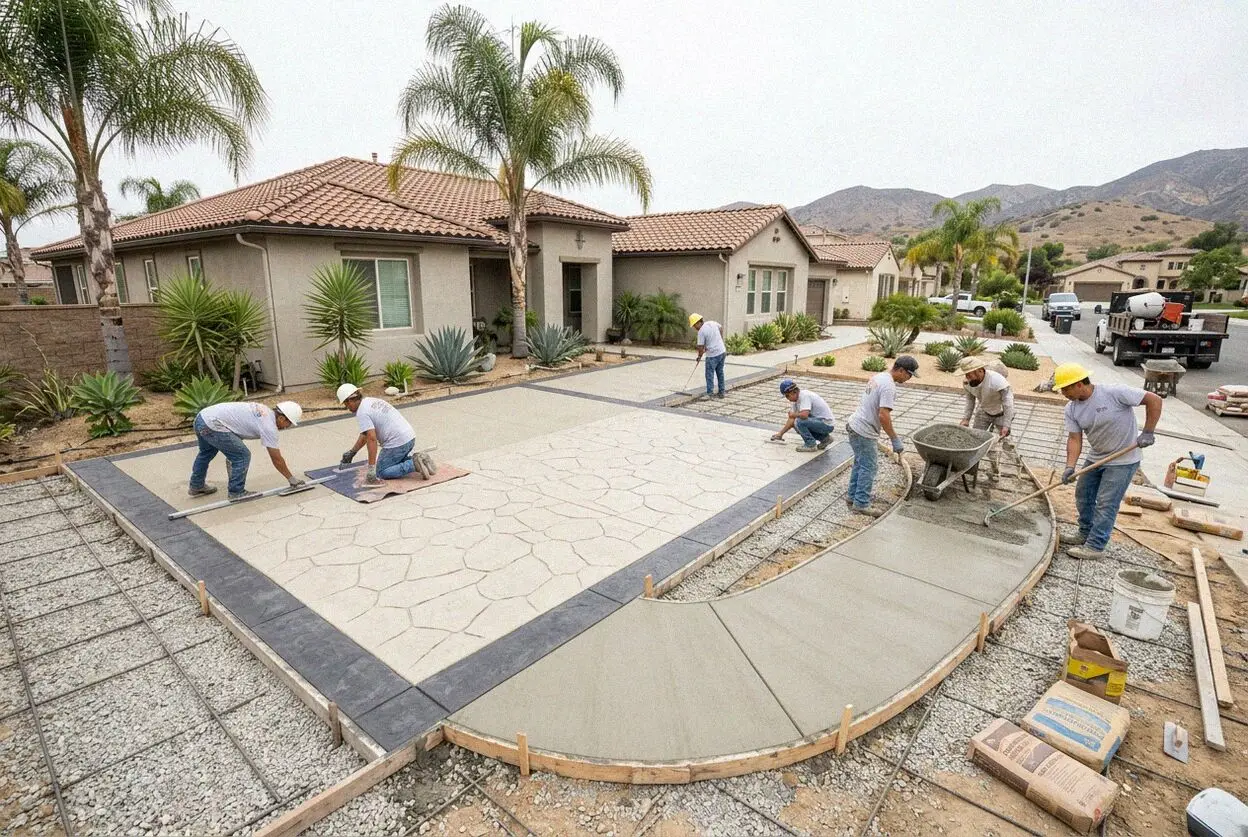 Crew pressing a slate stamp into a fresh patio slab behind a house in Orange